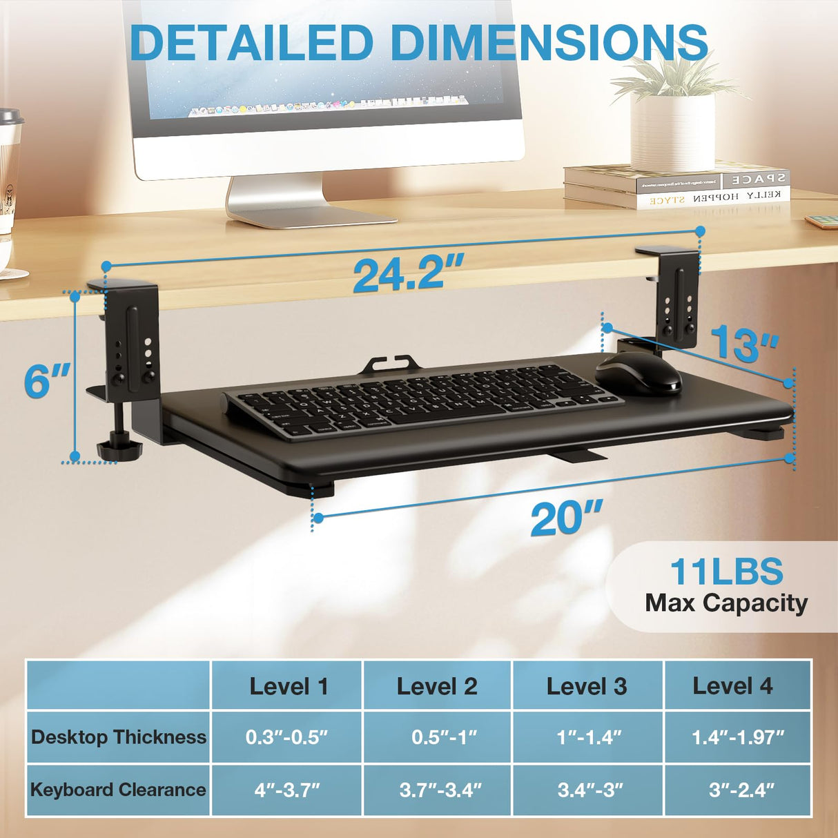 YOMT Adjustable Keyboard Tray Under Desk - 25.5“x13.7” Slide Out Computer Keyboard Drawer, 5kg Capacity with Smooth Glide Handle Out Computer Drawer for Typing, Black