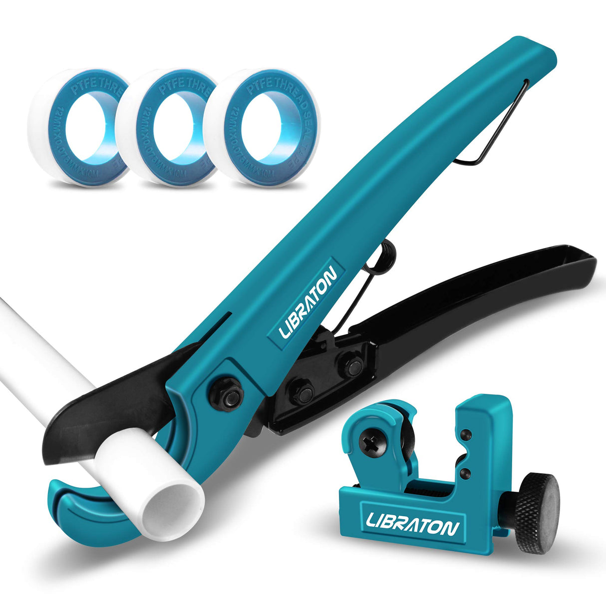 Libraton Pex Cutter 1-1/4", Pex Pipe Cutter, PEX Tube Cutter 1/8" to 7/8", PEX Pipe Cutting Tools for PEX, PVC (Thin), PPR Plastic, Extra PTFE Seal Tapes 400"