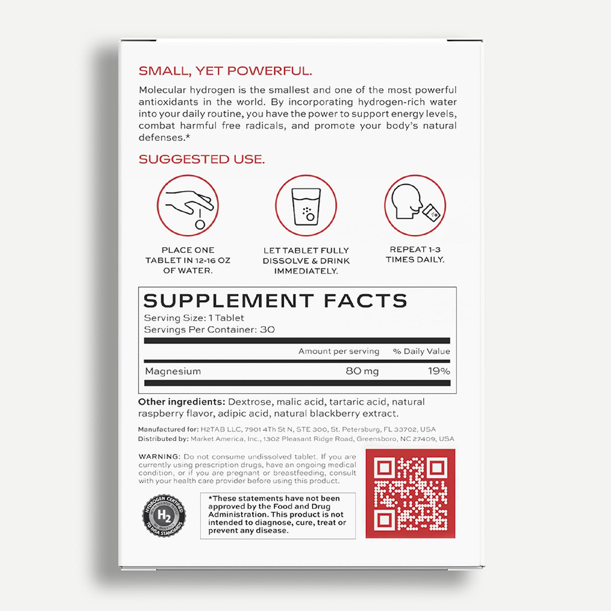 H2TAB Molecular Hydrogen Tablets with Magnesium – 12 PPM Hydrogen for Drinking Water – 30 Count Raspberry Flavor