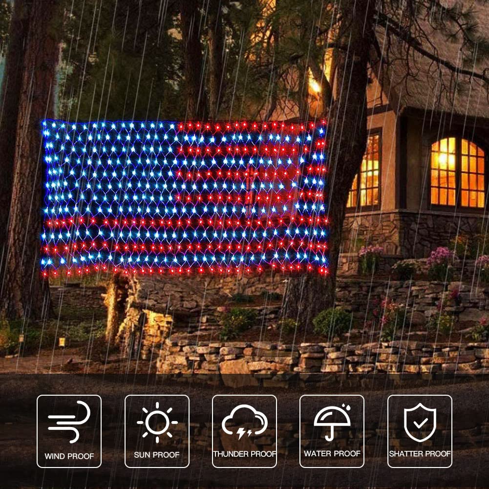 Solar American Flag Lights, 420 LED Waterproof American Flag Net Lights Independence Day Decorations 8 Modes Outdoor String Light for 4th of July Independence Day, Garden, Yard Home Decorations