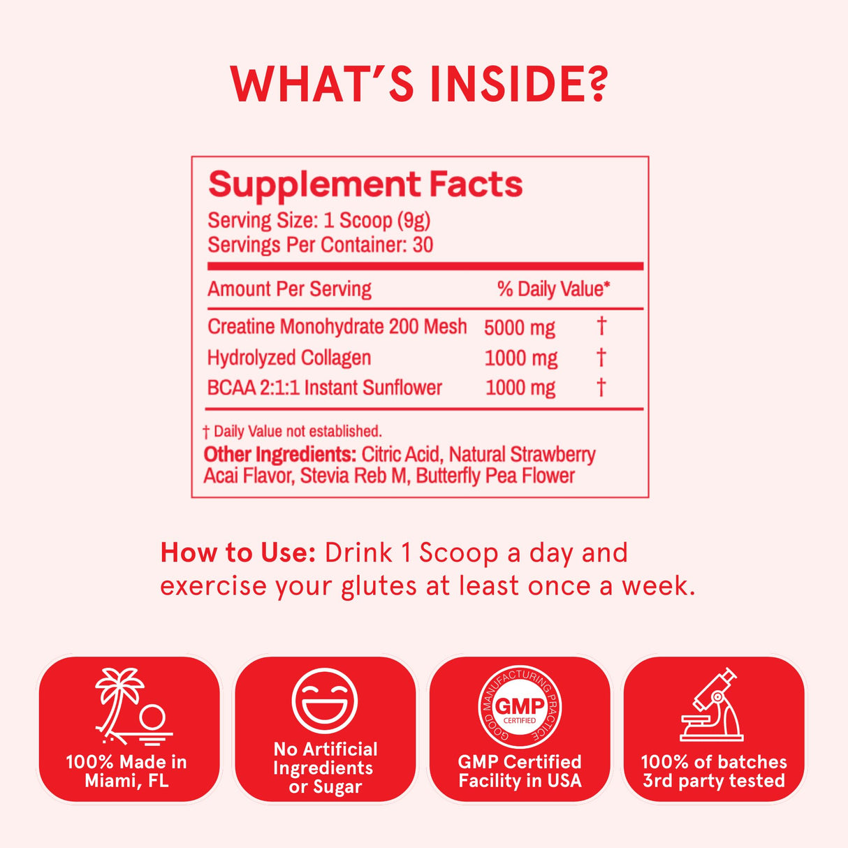 Peach Perfect Creatine Monohydrate Powder, Glute Builder Creatine for Women with Collagen, BCAAs, 5g Vegan Micronized Creatine per Serving, for Energy, Muscle Support, 30 SVG, Strawberry Acai