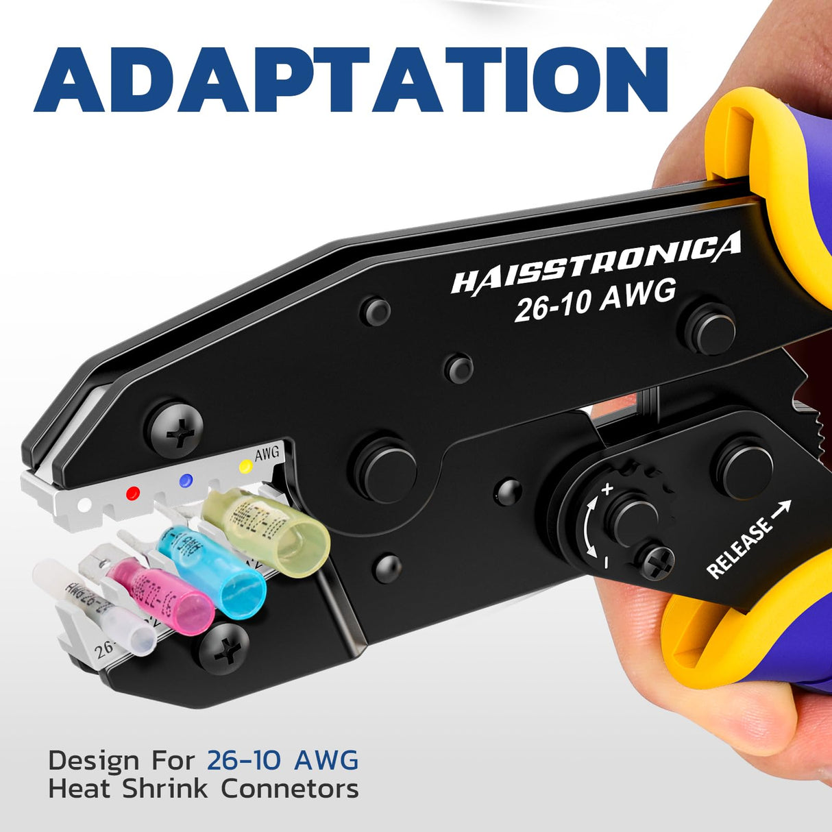 haisstronica Crimping Tool For Heat Shrink Connectors-AWG 26-10 Ratchet Wire Terminal Crimper-Ratcheting Crimper Tools-Available For Insulated Nylon Connectors and Electrical Wire Connectors HS-8327