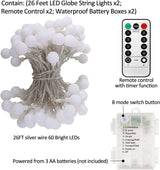 Battery Operated LED Globe String Lights, 2-Pack Total 52FT 120LEDs - Each 26FT 60LEDs 8 Mode Waterproof Christmas Fairy String Lights with Remote for Home Bedroom Garden Wedding Party Decoration