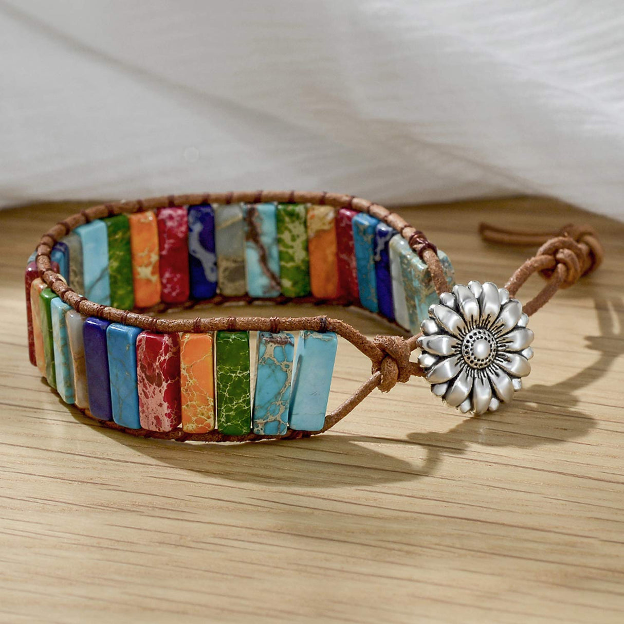 sedmart Fashion Gemstone Bracelets Handmade Bracelets Jewelry Multicolor Yoga Bracelets Friendship Boho Bracelets Leather Bracelets Rectangle Stone Healing Bracelets Sunflower Button Wrap Bracelet
