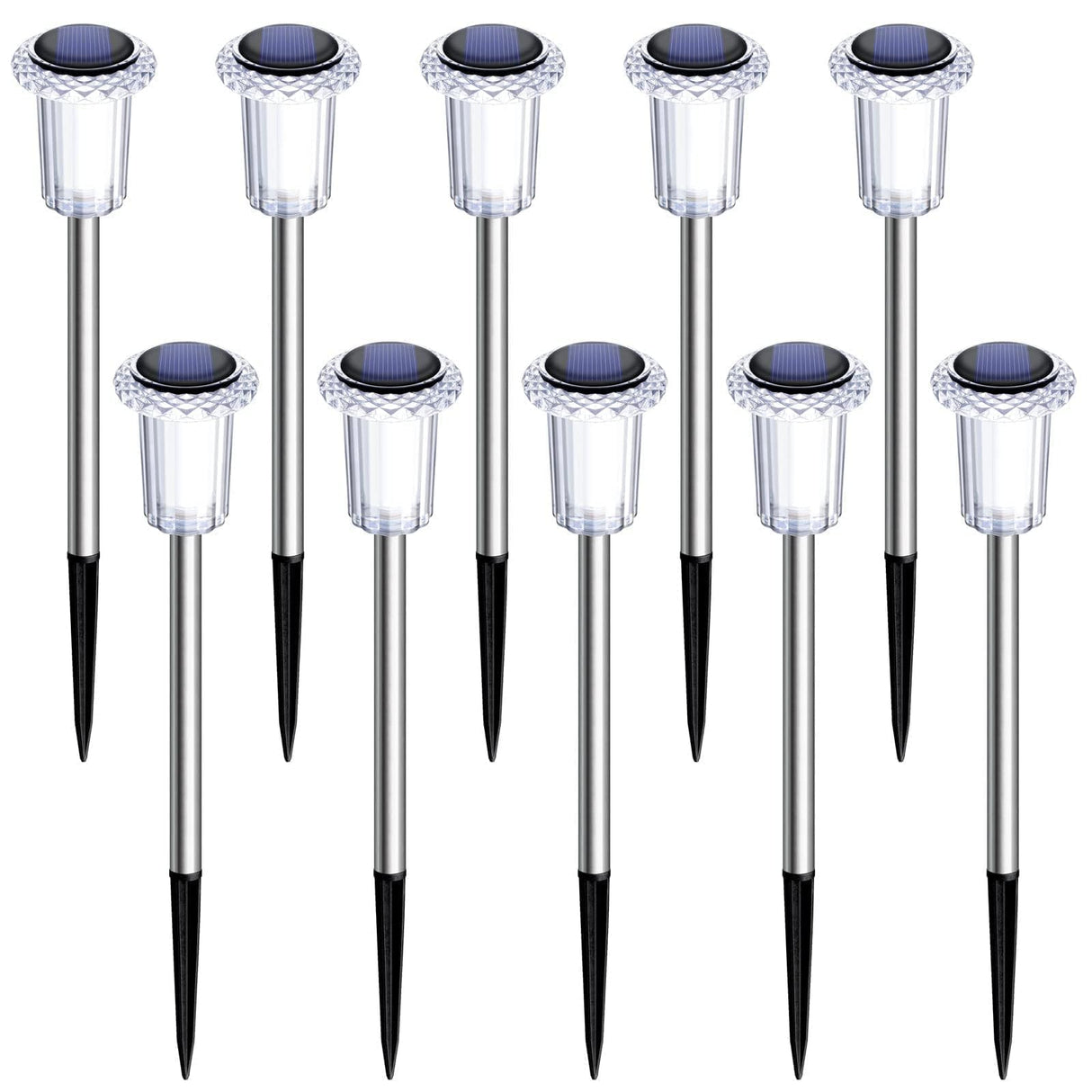 DenicMic Solar Lights Outdoor 10 Pack Waterproof 6000K Cold White LED Stainless Steel Stake for Pathway Yard Garden Driveway Solar Powered Outside Christmas Decor