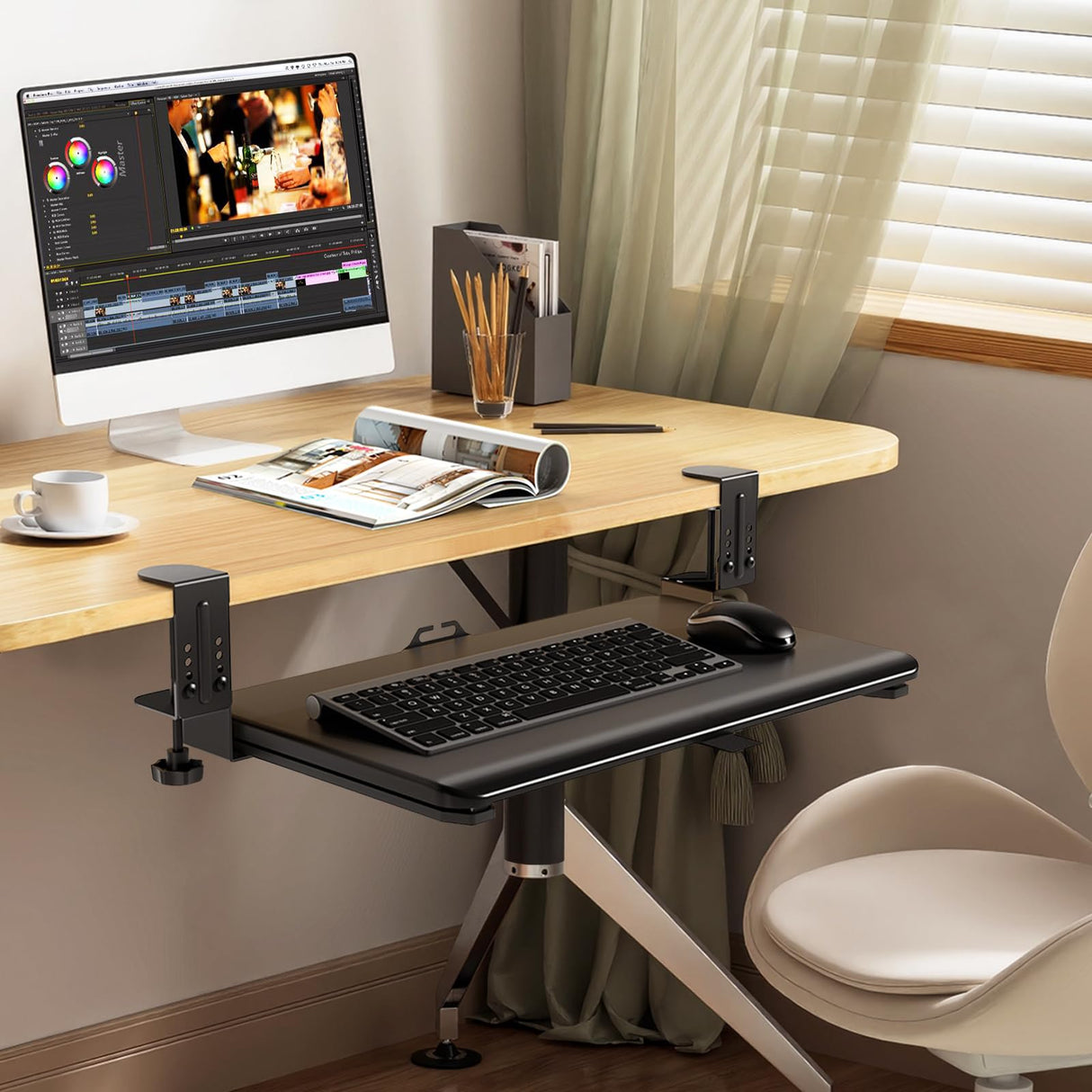 YOMT Adjustable Keyboard Tray Under Desk - 25.5“x13.7” Slide Out Computer Keyboard Drawer, 5kg Capacity with Smooth Glide Handle Out Computer Drawer for Typing, Black
