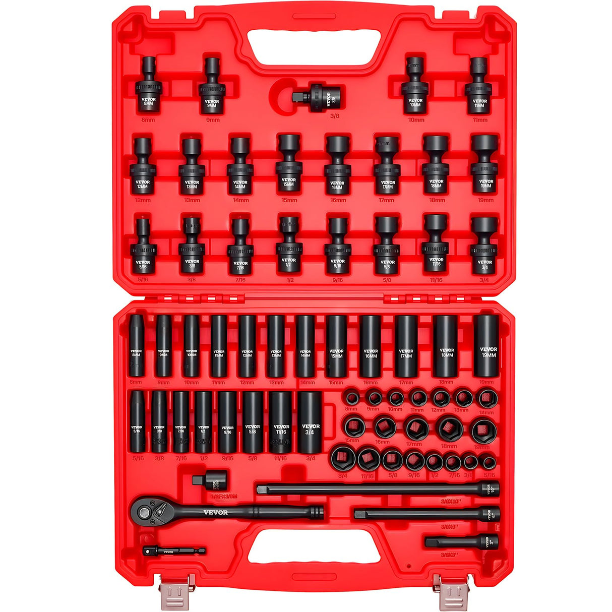 VEVOR Impact Socket Set 3/8" Drive, 67 PCS, CR-MO Swivel Sockets, SAE 5/16"-3/4" & Metric 8-19mm, 6 Point Shallow & Deep, Ratchet Handle, Extension Bars, Adapters, Universal Joint