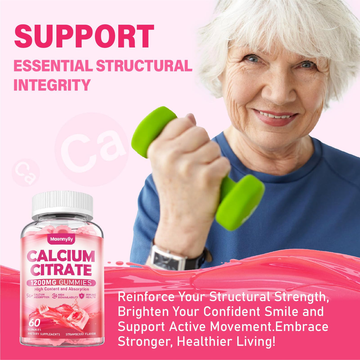 Calcium Citrate Gummies 1200 mg for Adults: Ultimate Absorption Calcium Supplement for Women & Men - Easy to Digest, Vegan, Non-GMO, Gluten Free - Natural Strawberry Flavor