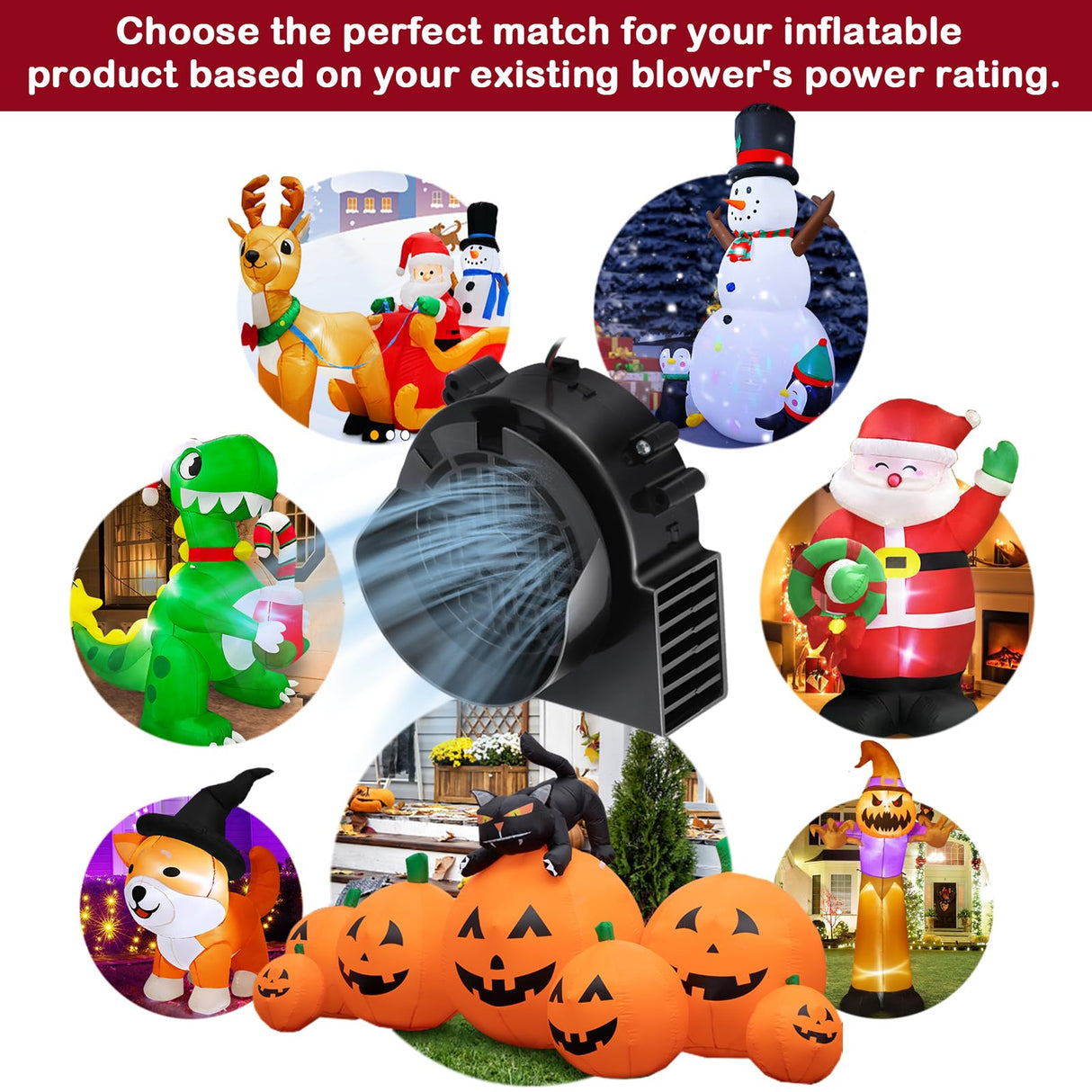 Air Blower Fan for Inflatables, 12V 1.5A Mini Airup Replacement Blower Fan with 2.0A Adapter and 5 LEDs Bulbs Light for Halloween and Christmas Inflatables (IP68 Waterproof, 3200RPM, 5.0 * 5.0'')