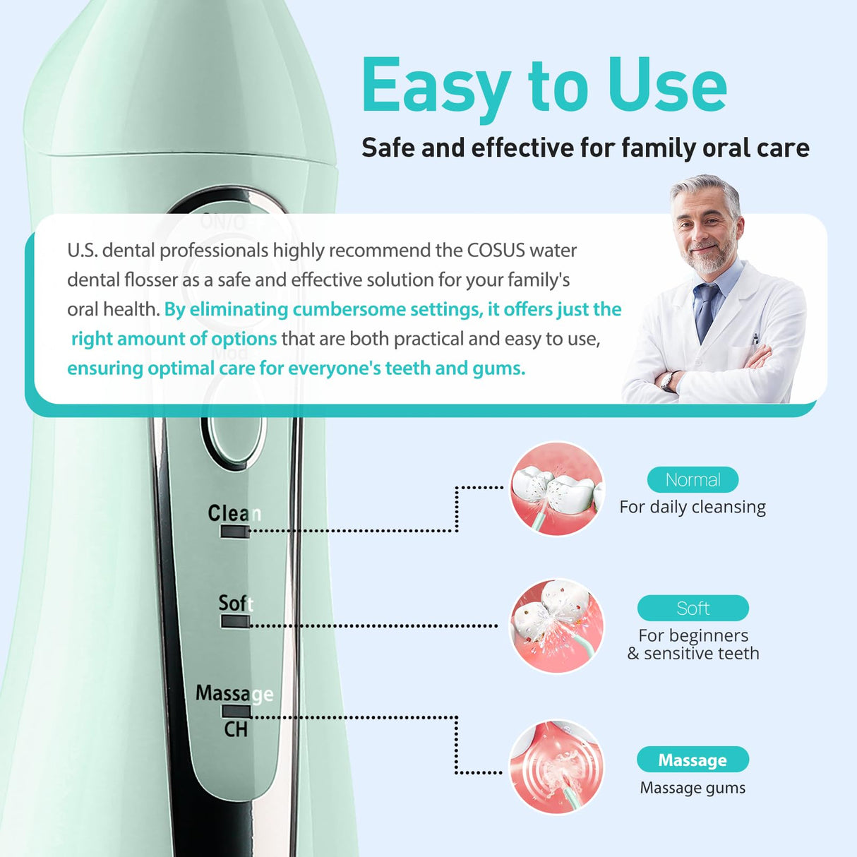 COSLUS Water Dental Flosser Teeth Pick: Portable Cordless Oral Irrigator 300ML Rechargeable Travel Irrigation Cleaner IPX7 Waterproof Electric Flossing Machine for Teeth Cleaning C20(F5020E) Green