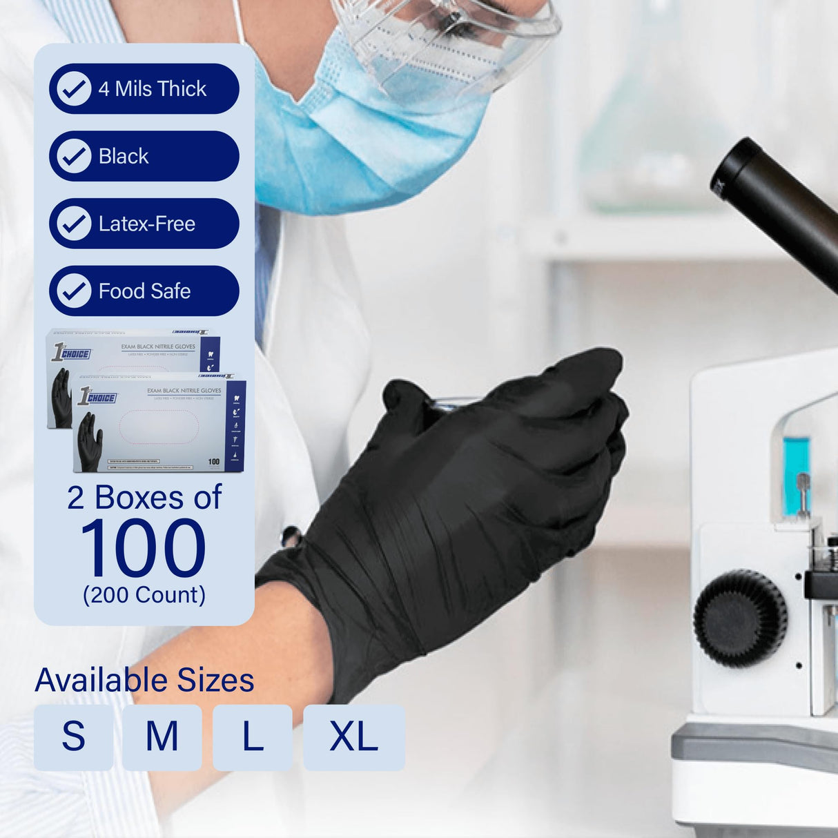 1st Choice Black Nitrile Disposable Gloves, Medium, 2 Boxes of 100, Latex Free, Exam Grade, Glove for Cooking - 4 mil