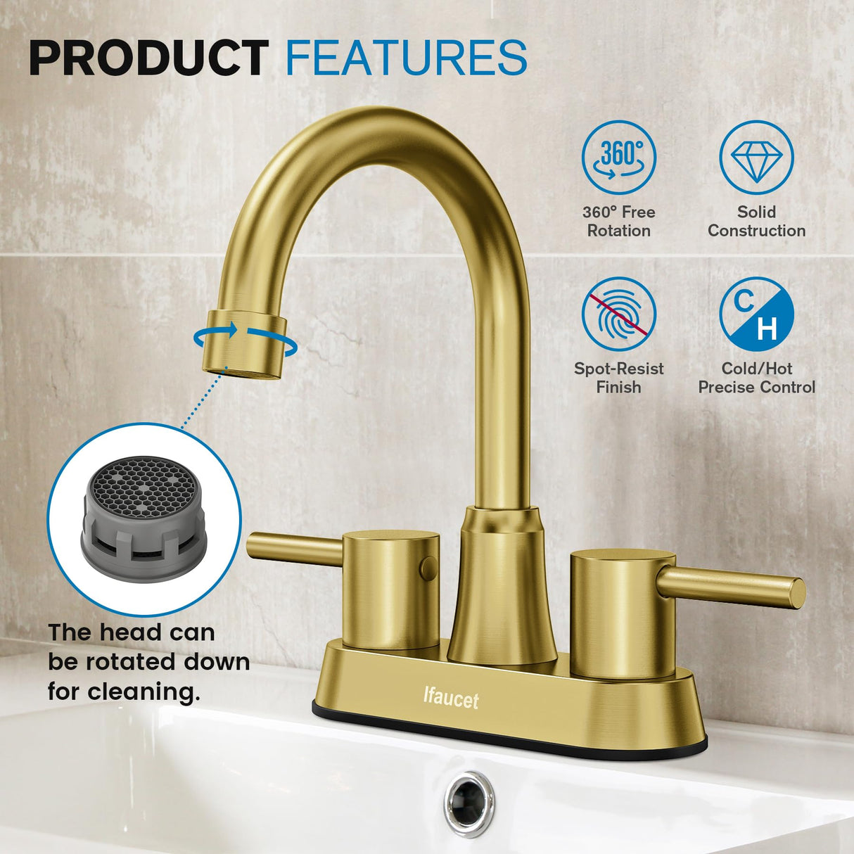 Gold Bathroom Faucet, Brushed Gold Bathroom Faucet, Gold Faucets for Bathroom Vanity, 4 Inch 2 Handle Centerset, Lead-Free, with Copper Pop Up Drain (Brushed Gold)