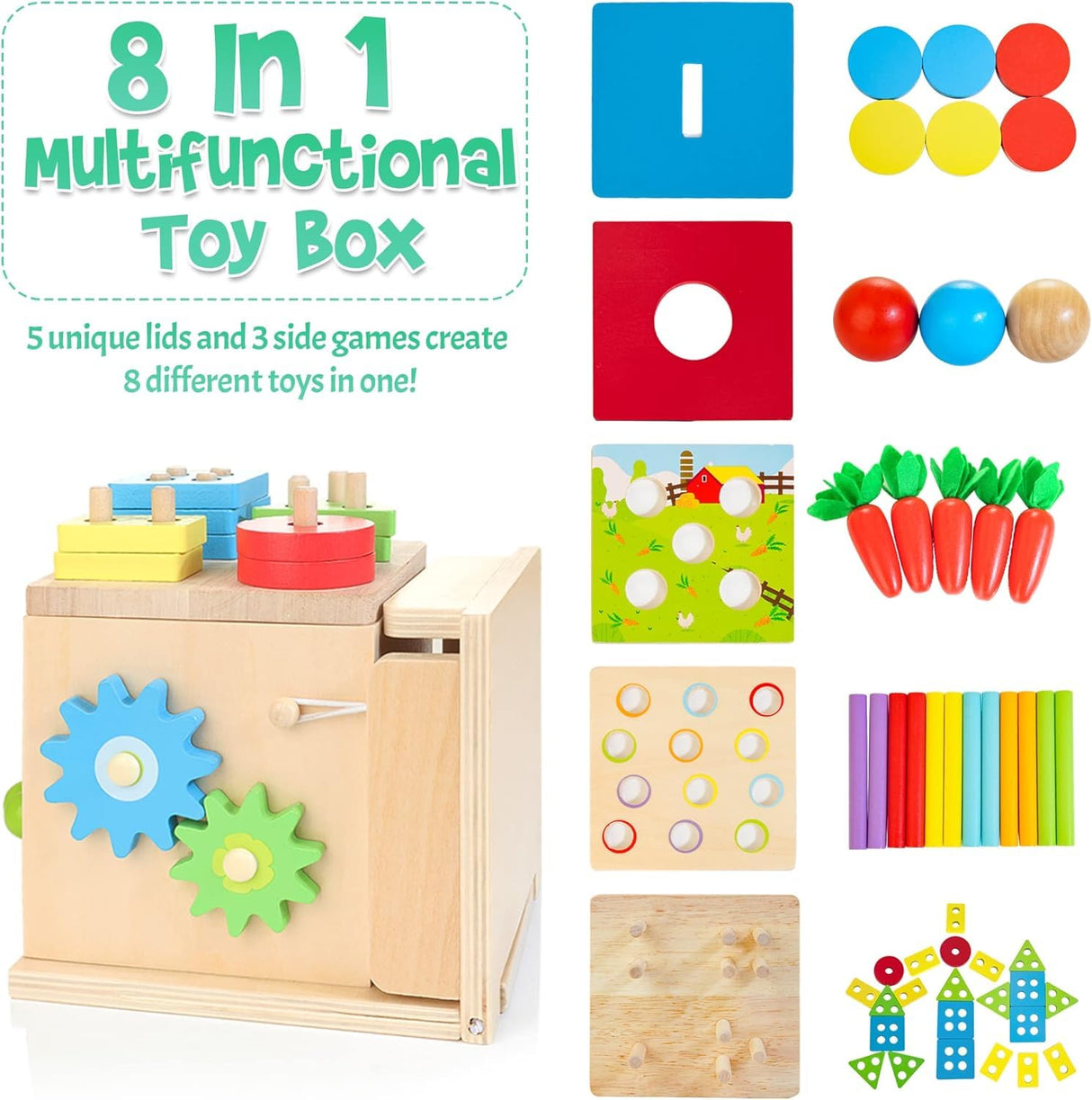 Kizfarm Wooden Montessori Baby Toys, 8-in-1 Wooden Play Kit Includes Object Permanent Box, Coin Box, Carrot Harvest, Shape Sorting & Stacking - Christmas Birthday Gift for Boys Girls Toddlers