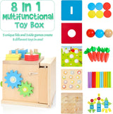 Kizfarm Wooden Montessori Baby Toys, 8-in-1 Wooden Play Kit Includes Object Permanent Box, Coin Box, Carrot Harvest, Shape Sorting & Stacking - Christmas Birthday Gift for Boys Girls Toddlers
