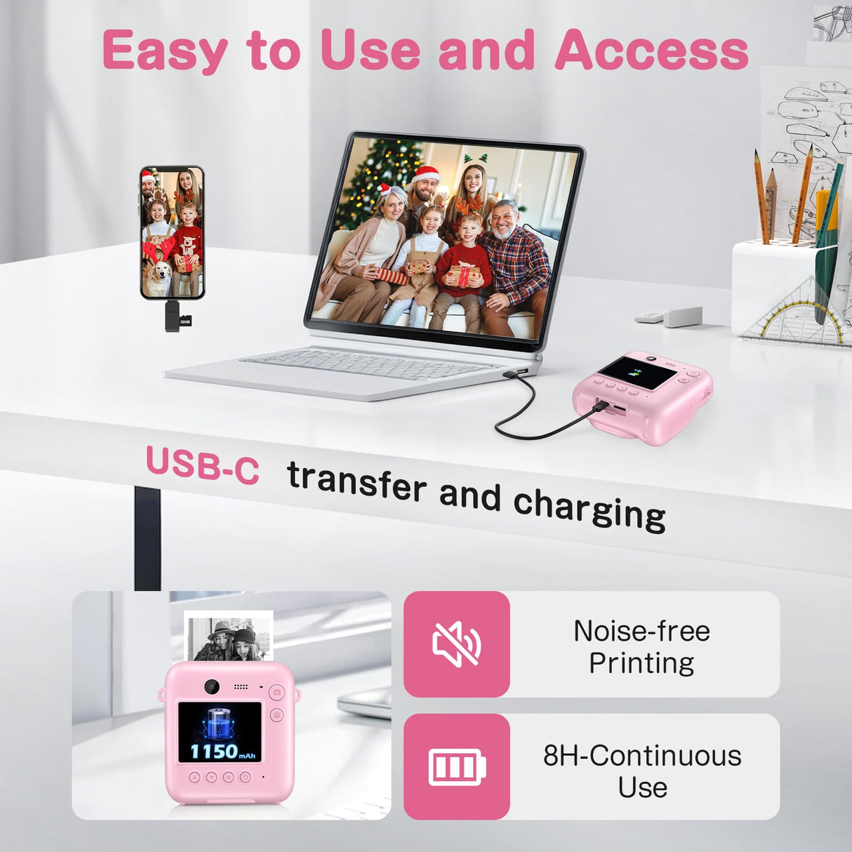 Kids Camera Instant Print, Dual-Lens 48MP Digital Camera for Christmas Birthday Gifts, 1080P Selfie Instant Cameras for Kids with 32GB Card, Instant Print Digital Camera for Girls Boys-Pink