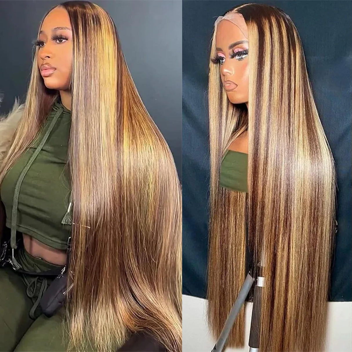 Btomar 30 Inch Ombre Highlight 13x6 Lace Front Wigs Human Hair HD Transparent Straight Lace Front Wigs Human Hair Pre Plucked 180% Density Glueless #4/27 Colored Honey Blonde Wig for Women
