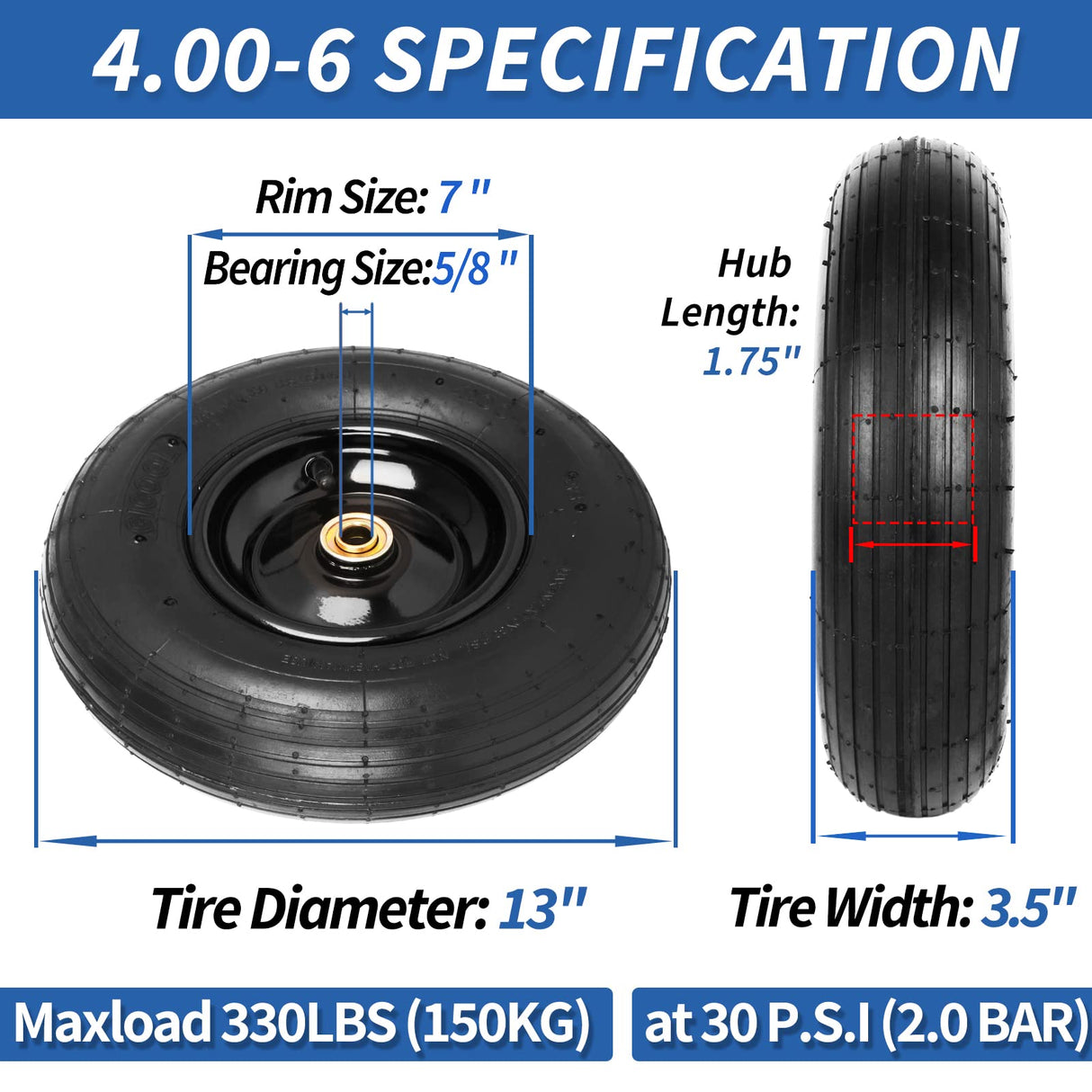 GICOOL 4.00-6 Tire and Wheel, 13" Wheelbarrow Pneumatic Tire, 5/8" & 3/4" Bearings, 1.75-6" Centered Hub,Sealed Bearings for Wheelbarrows Trolley Dolly Garden Wagon Cart Wheel Replacement