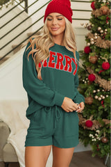 Opemiby Womens Ribbed Pajama Sets Long Sleeve Top and Shorts Matching Lounge Set Loungewear Sweatsuit with Pockets Christmas Evergreen L