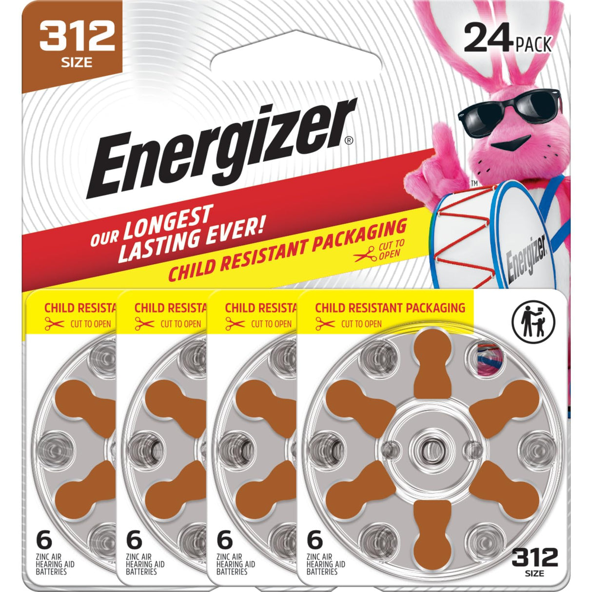 Energizer Hearing Aid Batteries Size 312, Brown Tab, 24 Pack