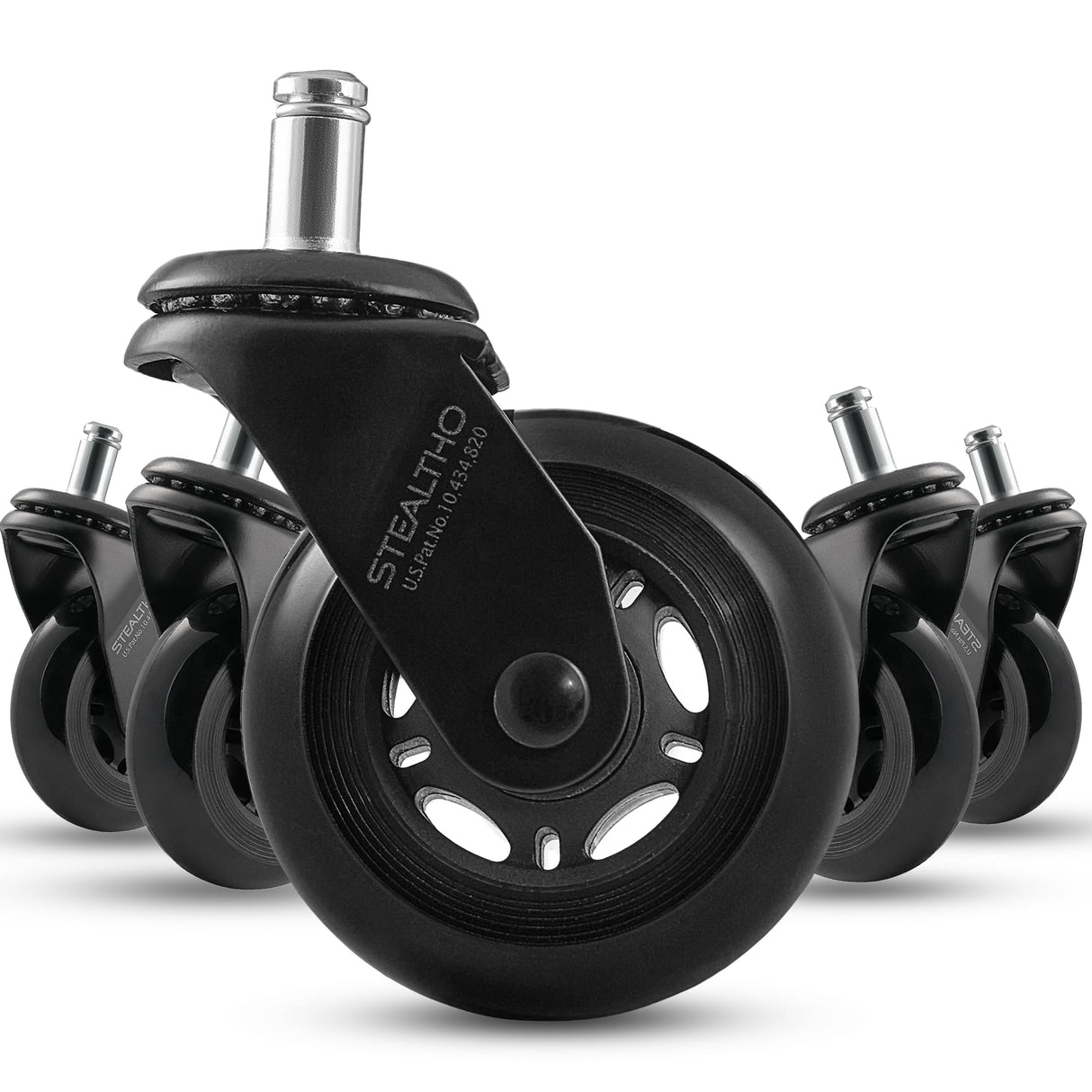 Stealtho Original Office Chair Wheels Set of 5 - Protect Hardwood Floor & Carpet - Heavy Duty Replacement Casters - Black Soft Polyurethane - Standard Fit 7/16" x 7/8"