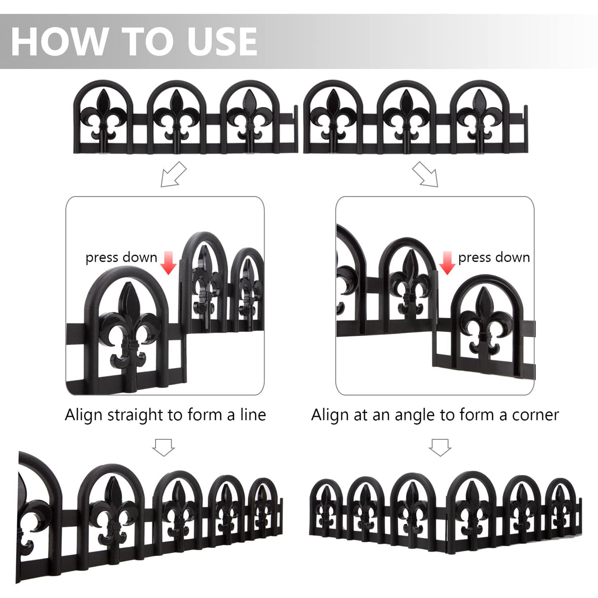 Evelyne Black Garden Border Plastic Edging – PP Plastic, Metal-Free Wrought Iron Look Design, 15pcs Black Yard Landscaping Fence Liner Lawn Edge Barrier, 20ft Kit of Decorative Lawn Landscape Panels
