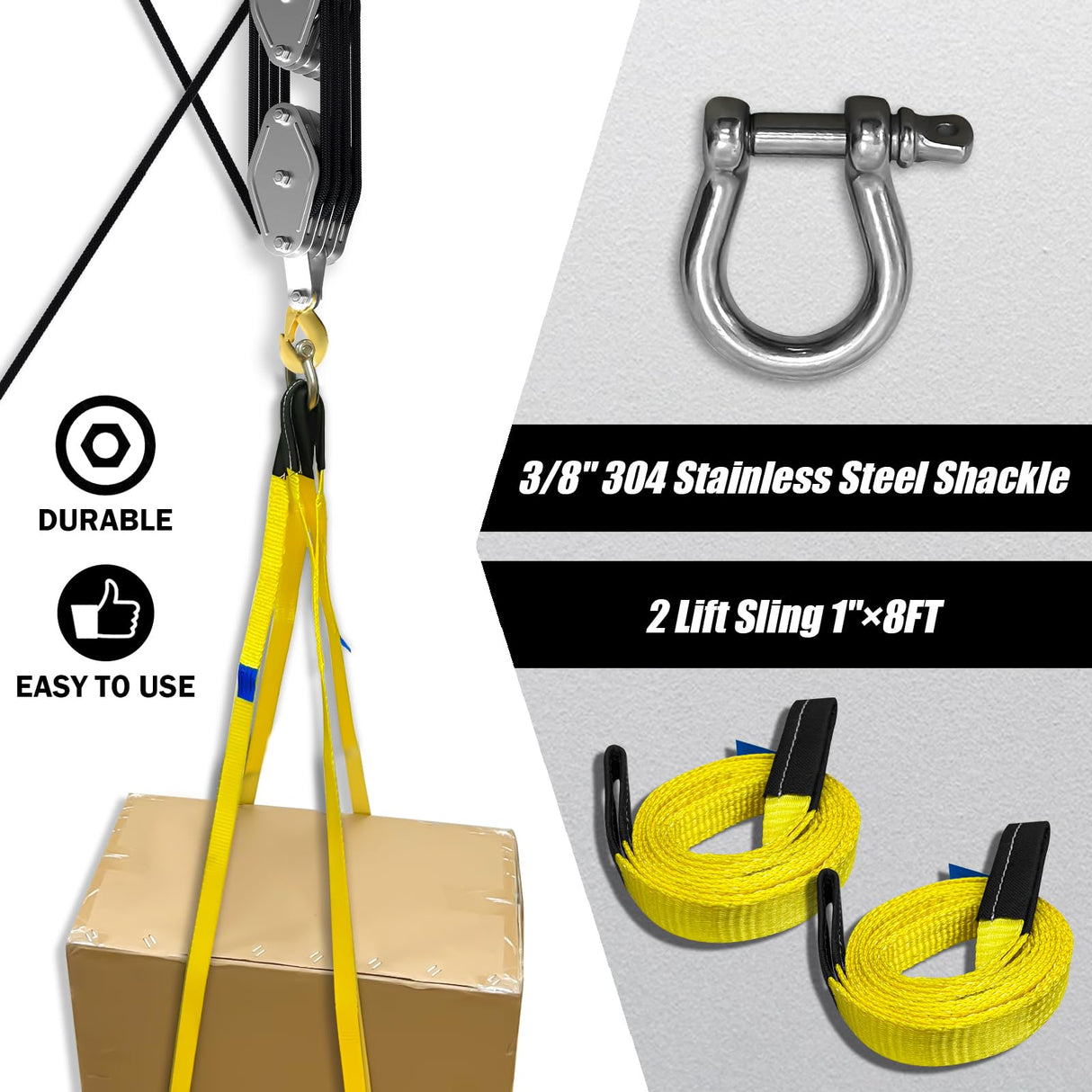 YATOINTO Upgraded Rope Hoist Pulley System, 4400LBS Block and Tackle with 304 Stainless Steel Shackle 2PCS Lift Sling, 8:1 Power 65ft Heavy Duty Pulley Block for Lifting Garage Warehouses Building