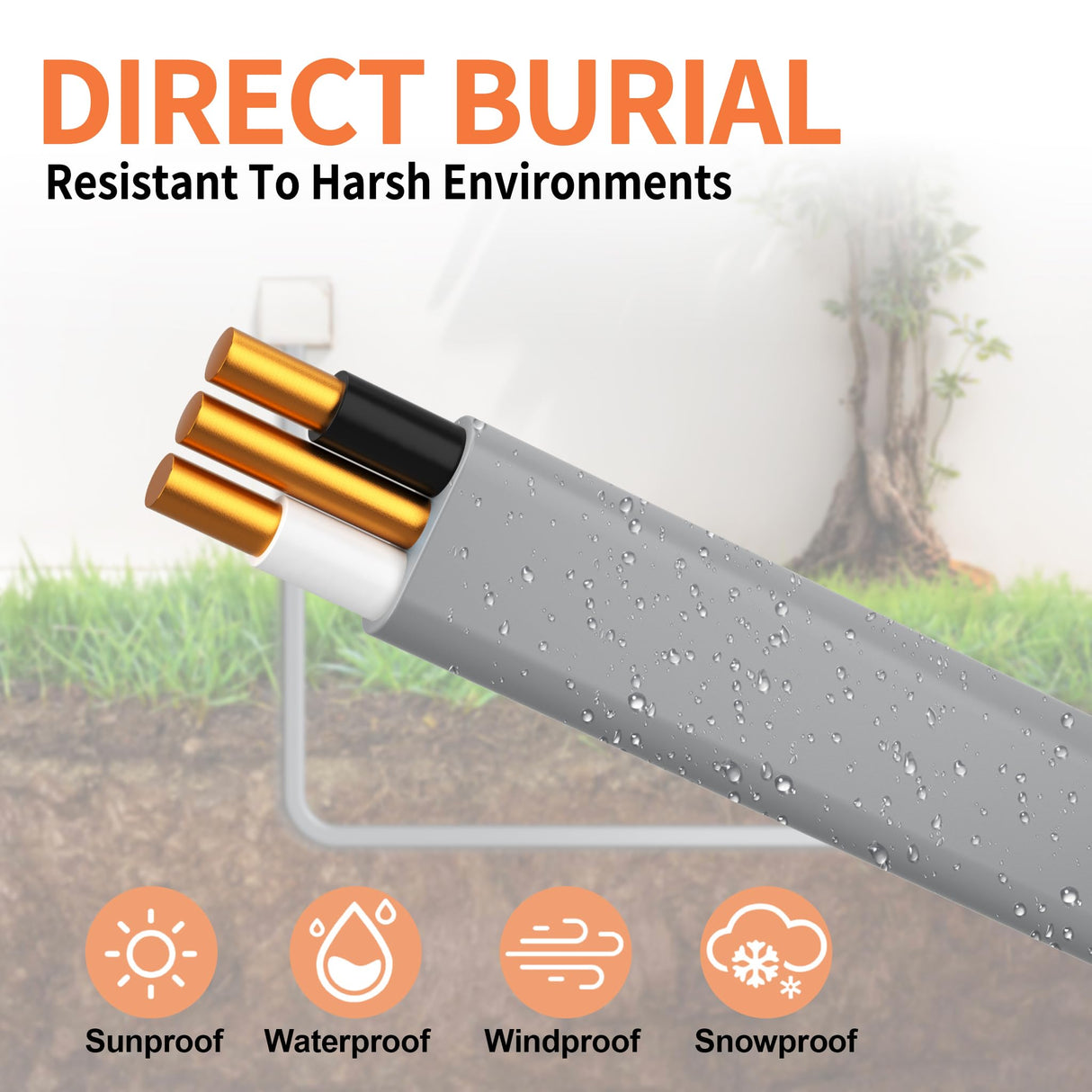 12/2 UF-B Wire 50 FT Pure Copper Direct Burial Cable, Sunlight & Moisture Resistant, Ideal for Outdoor Lighting & Pump Installations & Residential Indoor Electrical Projects