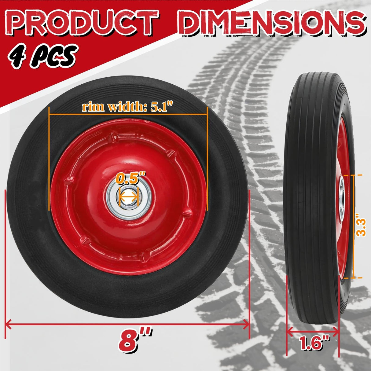 Acshio 8 Inch Solid Rubber Tires with 1/2-Inch Bore Axle Hole, 4 Pack