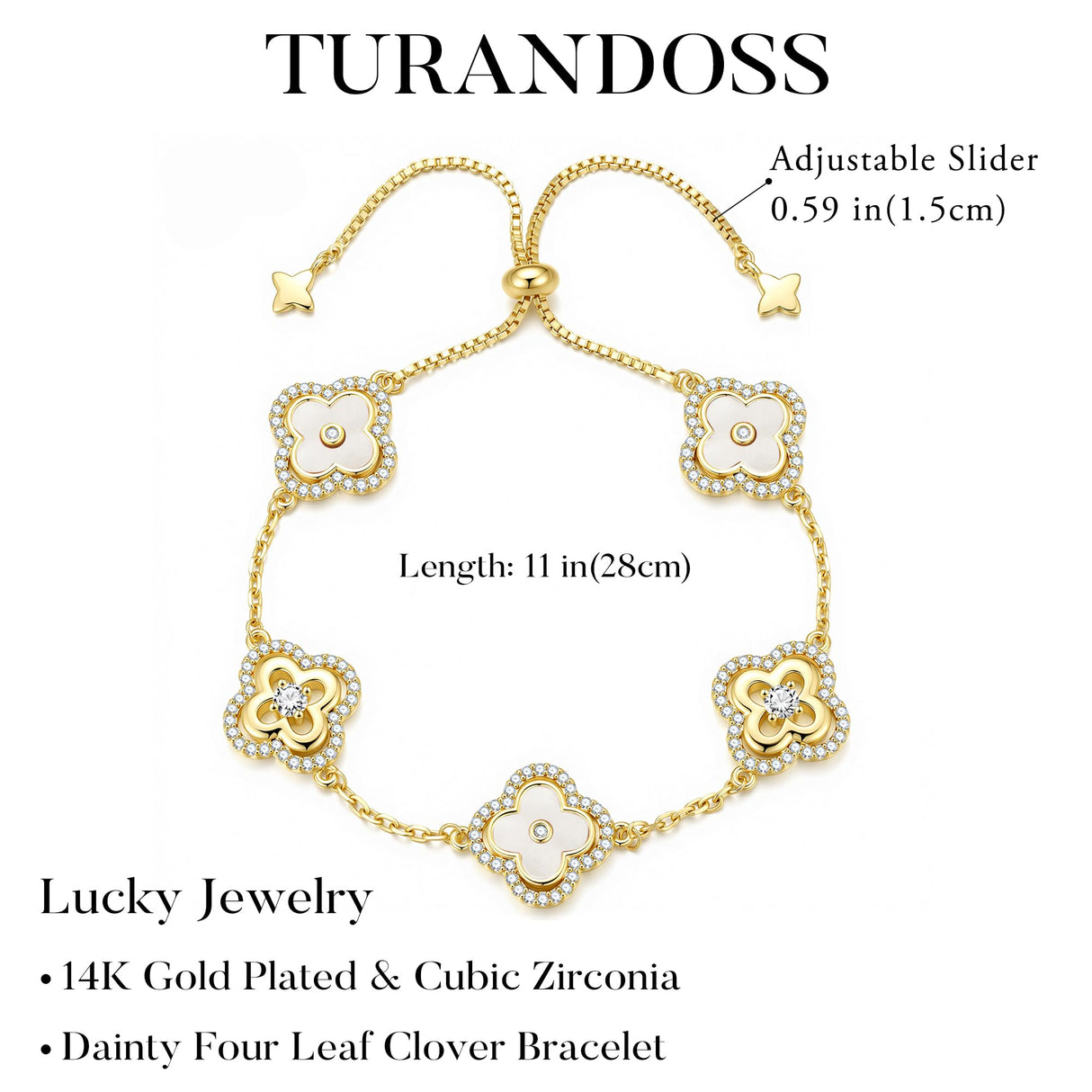 Turandoss 14K Gold Plated White Clover Bracelet for Women Jewelry Gifts