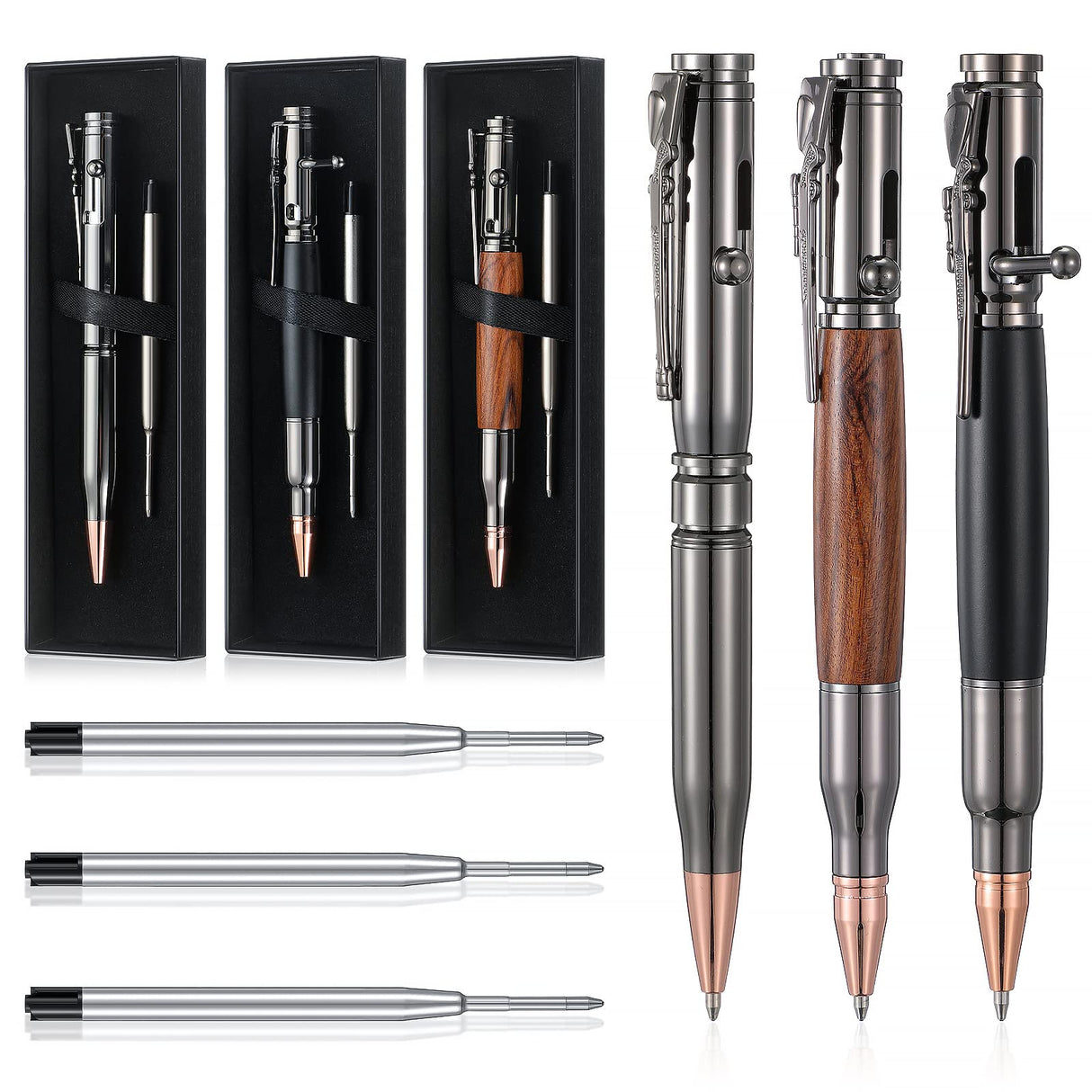 Crtiin 3 Sets Bolt Bullet Pens for Men Bullet Pen for Collector Lover with Gift Box and Black Ink Refills Christmas Thanksgiving Party Gifts(Wood Gray Black)
