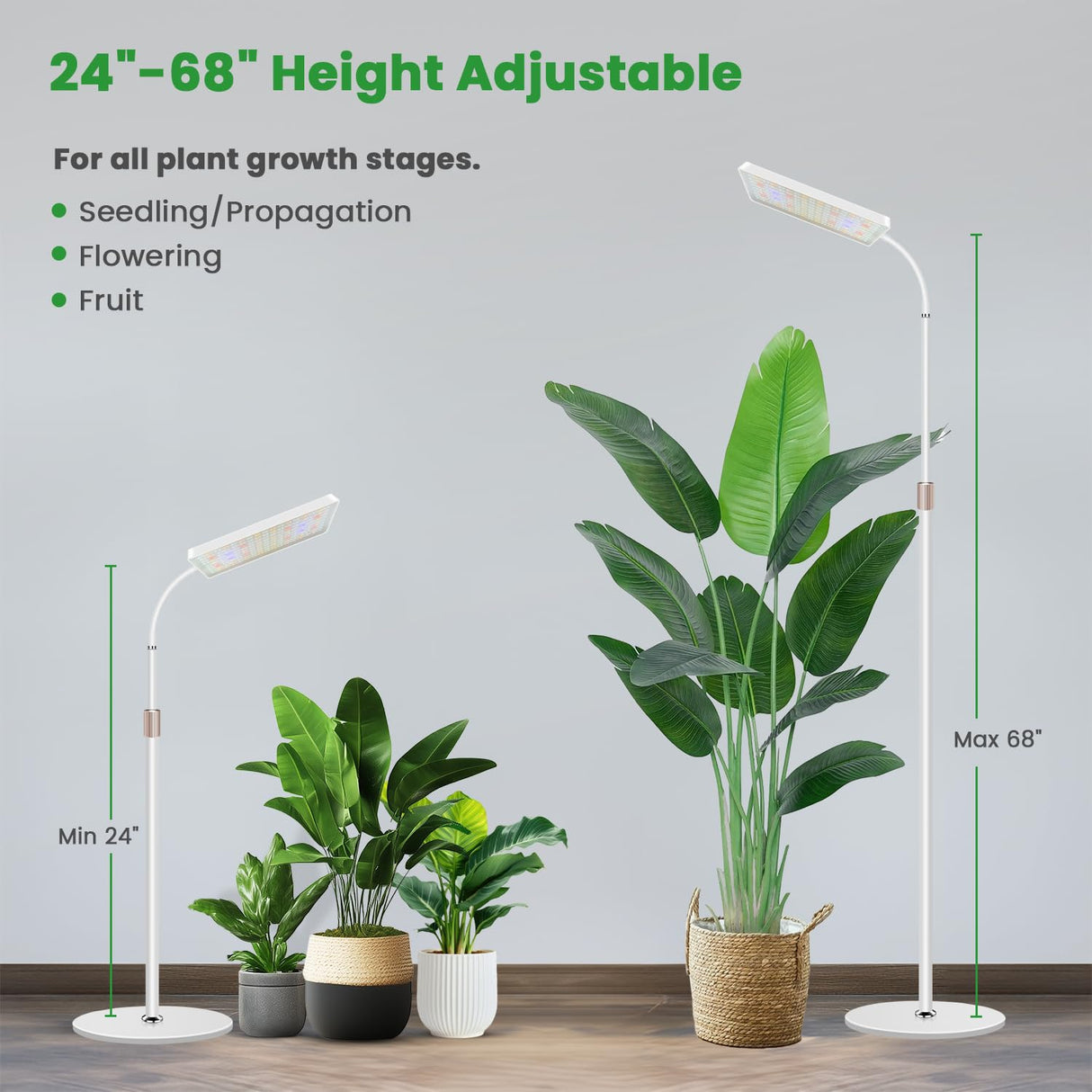 Wiaxulay Grow Lights for Indoor Plants, 153 LED Full Spectrum Plant Grow Light Floor Standing, Height Adjustable 24-68 in,4/8/12/16H Timer,3 Lighting Modes,5 Brightness for Growing Large Tall Plants