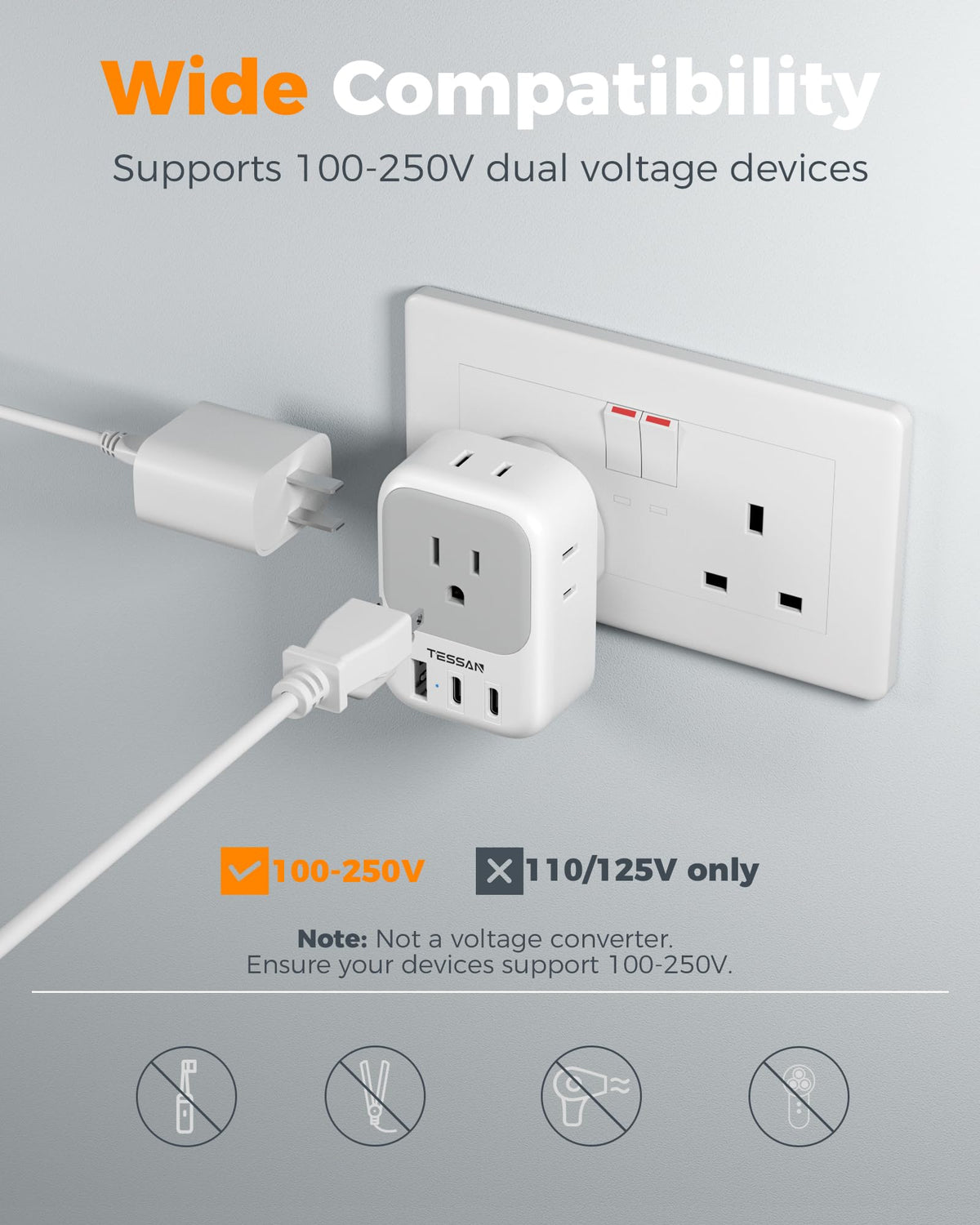 US to UK Plug Adapter 3 Pack, TESSAN Type G Adapter for Travel with 4 ...