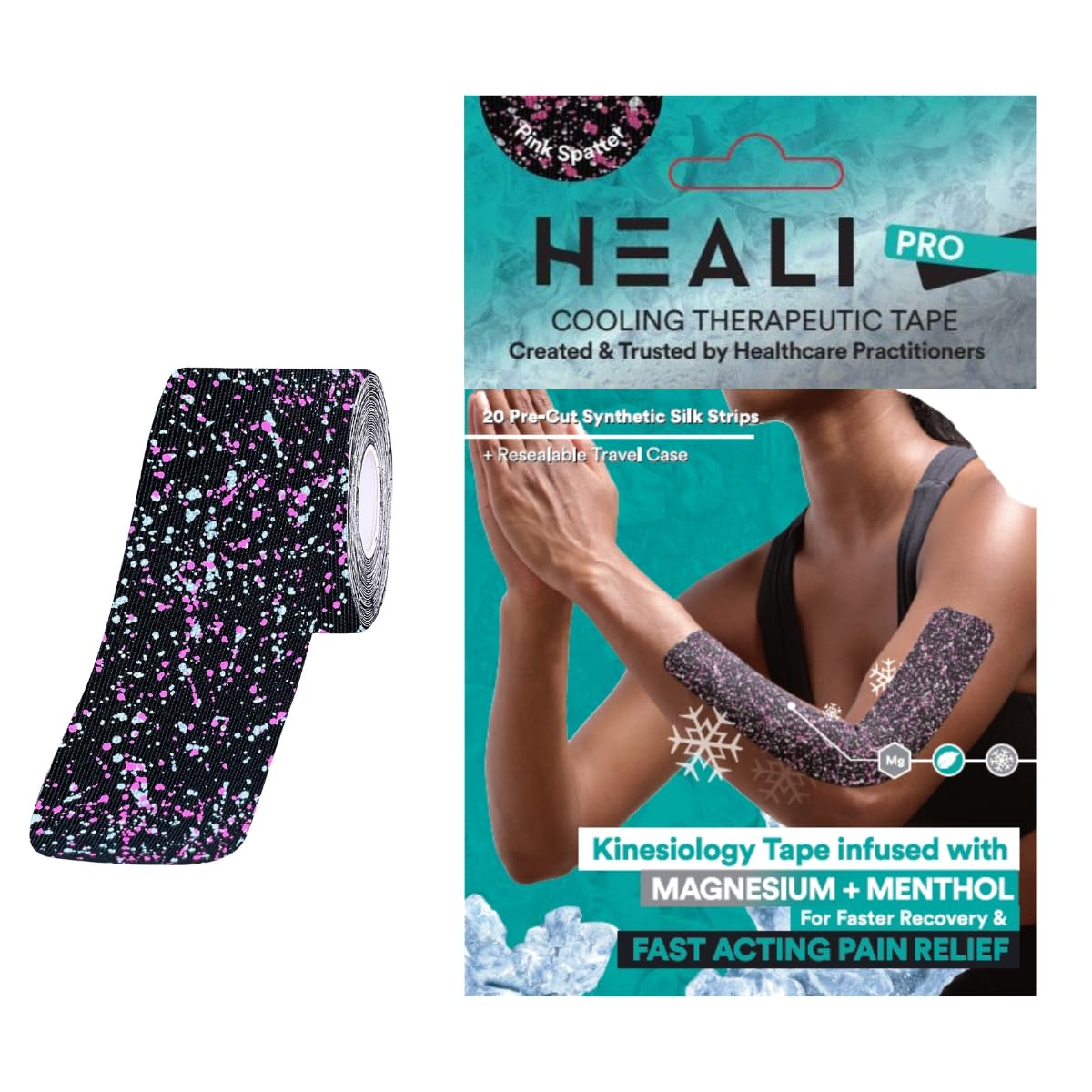 Heali Kinesiology Tape with Magnesium and Menthol, 20 Pcs Precut Strips, K Tape Roll, Knees, Physical Therapy Sports Tape for Muscle and Joint Pain Relief, Water Resistant, Pink Splatter