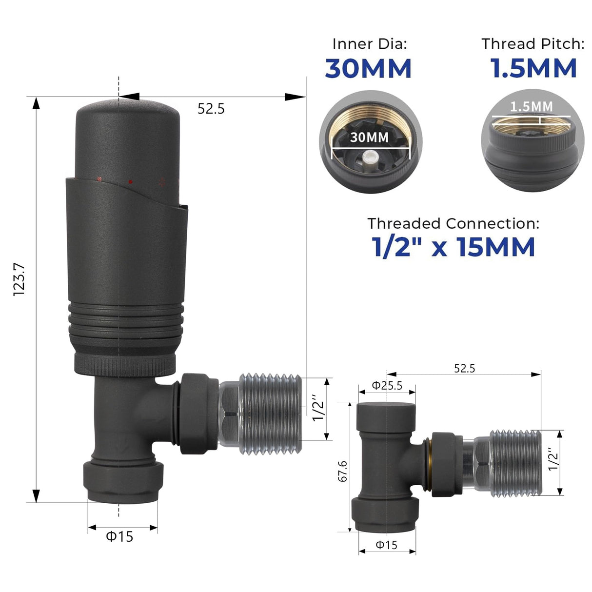 VANCOCO Anthracite Grey Thermostatic Radiator Valves 15mm (TRV) with Lockshield, 1/2"×15mm Angled Radiator Thermostat Valve, H62 Brass, Energy Saving Modern TRV for Central Heating Syetem