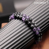 Triple Protection Bracelet for Women, Genuine Healing Crystal Bracelet Amethyst Black Obsidian Hematite 6mm, Pyramid Energy Crystal Beads Bracelet Christmas Gifts for Mom Wife for Protection Balance