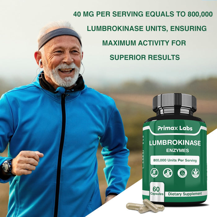 Lumbrokinase Supplement - Lumbrokinase 40 mg per Serving (Max Activity - 800,000 units) Lumbrokinase Enzymes supplement (Similar to Nattokinase) Non GMO, Soy Free, Gluten Free (60 Capsules)