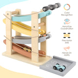 Joyreal Montessori Toys for 1 2 Year Old Boys and Girls - Soft Color Wooden Car Ramp Race Track Set with 4 Mini Cars & Garage - Christmas Birthday Gifts for Toddlers 1-3 Year Old