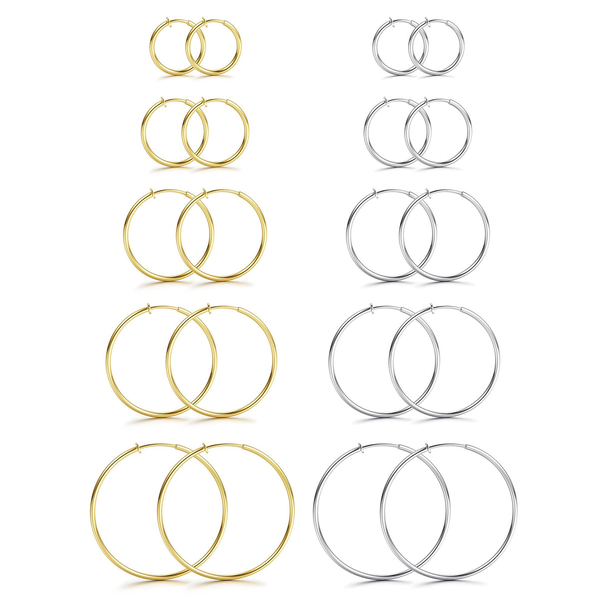 CASSIECA 10 Pairs Clip On Hoop Earrings for Women Fake Earrings Gold Silver