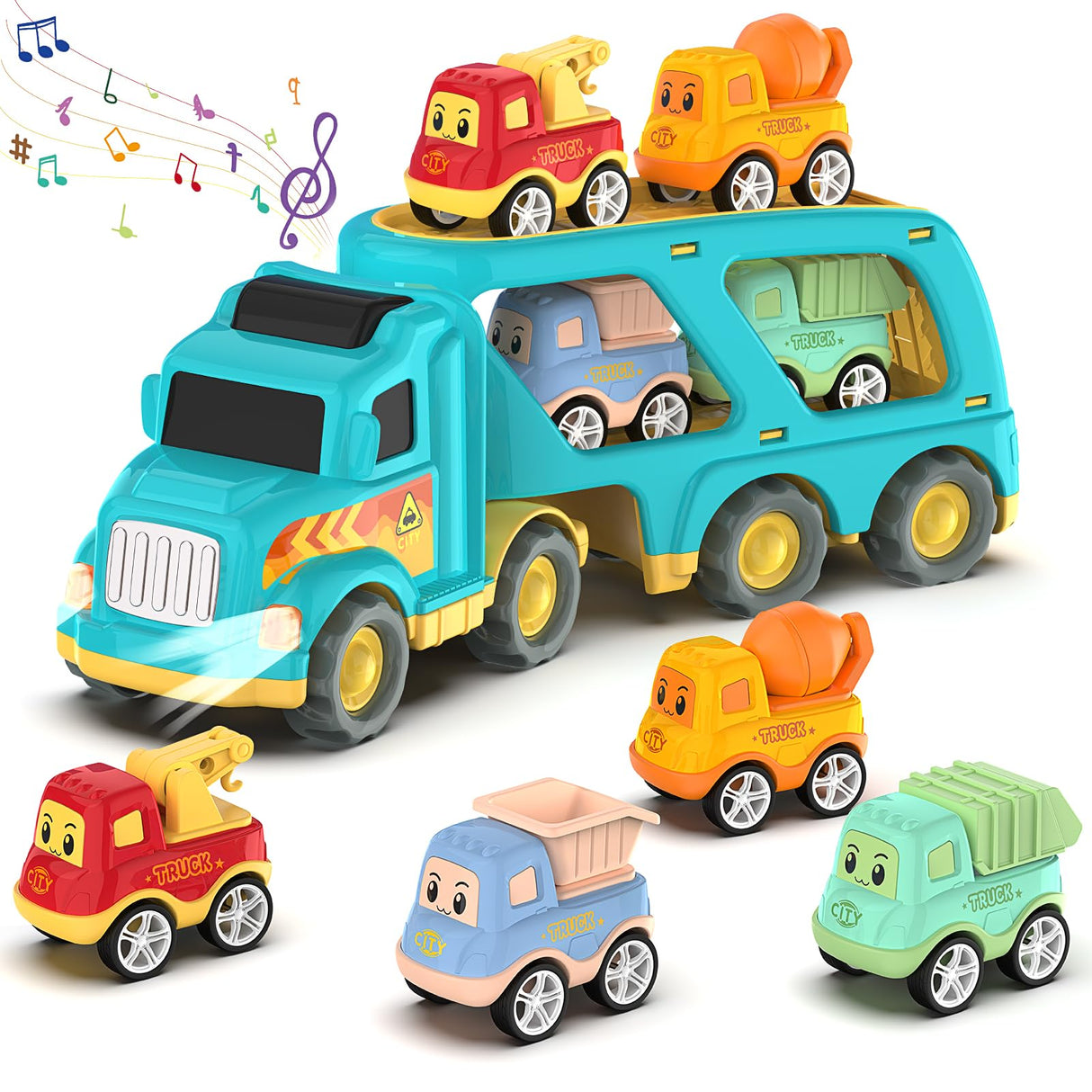 Veslier Toy Trucks for 2 3 4 5Years Old,Construction Transpor Trucks for Toddlers 2-4 Years with 4 Pull Back Cars for Toddlers 1-3,Christmas Birthday Gift for 18M+ 2 3 4 5 Years Old Kids Boys Girls.