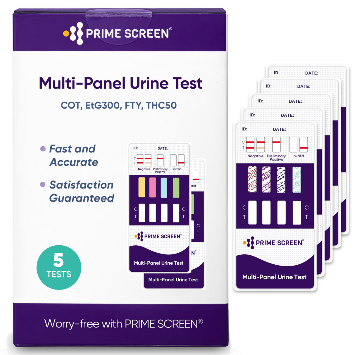 Prime Screen Multi-Panel Urine Test - Testing for THC, Nicotine (COT), Alcohol Test (EtG) -[5 Pack]