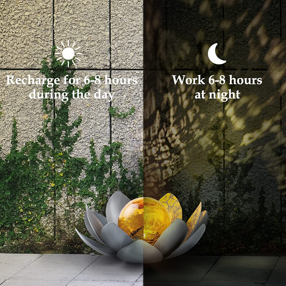 Huaxu Garden Solar Light Outdoor, Amber Crackle Globe Glass Lotus Decoration, Waterproof Gray Metal LED Flower Lights for Patio,Lawn,Walkway,Tabletop,Ground…