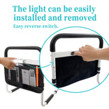 Bed Rails for Elderly Adults Safety with Adjustable Heights Storage Pocket Assist Support Side Railings Seniors Slides Under Mattressbed Cane Guard Bed Handles Bars (White (with Light))