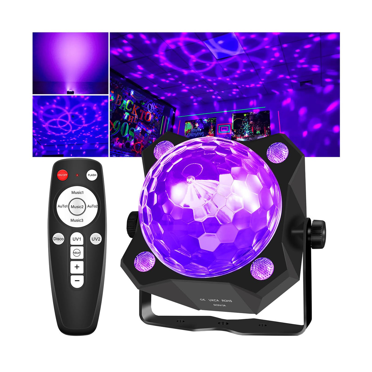 DJPTYGCK 2 in 1 Glow Party Black Light Disco Ball Light with Sound Activated Strobe Dj Party Lights Black Lights, for Halloween Christmas Birthday Decor Classroom Room Family Party Decor