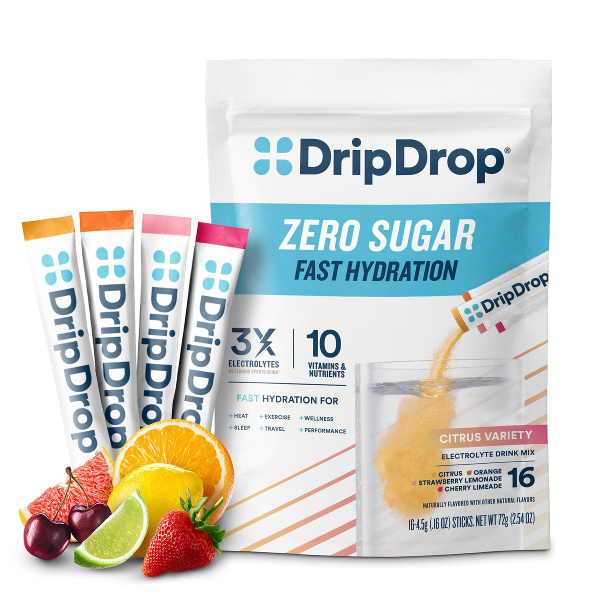 DripDrop Sugar Free Hydration Packets - Zero Citrus Variety Pack - Single Serve Electrolytes Powder Drink Mix - Cherry Limeade, Citrus, Orange, Strawberry Lemonade - Non-GMO, Gluten Free - 16 Sticks