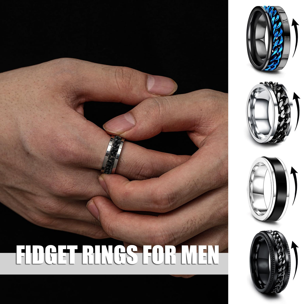 EIELO 16Pcs Stainless Steel Band Rings for Men Cool Black Golden Silvery Plated Rings Comfort Fit Fidget Spinning Chain Ring Fashion Simple Mens Wedding Engagement Ring Set 10