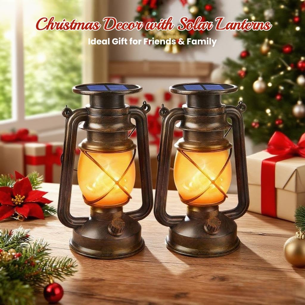 Solar Lanterns Outdoor Waterproof, 2 Pack Bronze Flickering Flame Lights