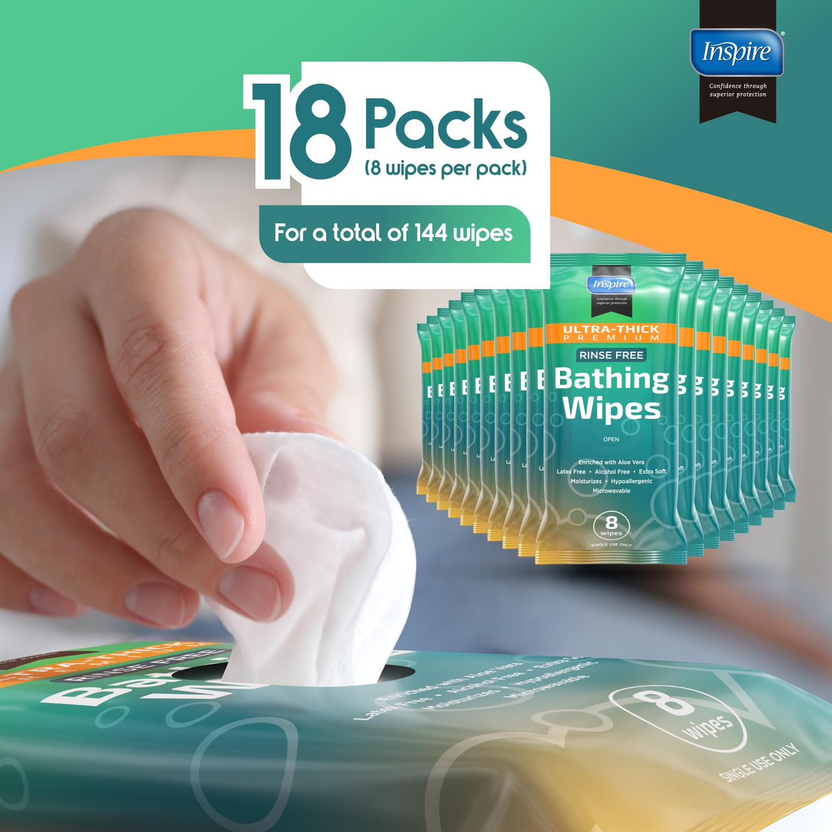 Inspire Ultra Thick Rinse Free Body Wash Wipes, Bathing Wipes, Shower Wipes - Rinse Free Wet Wipes, Thick Strong Extra Large With Aloe Vera Enriched