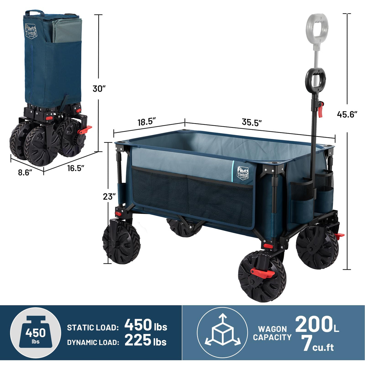 Timber Ridge Outdoor Collapsible Wagon with Brakes Utility Folding Cart Heavy Duty All Terrain Wheels for Shopping Camping Garden with Side Bag and Cup Holders, Blue