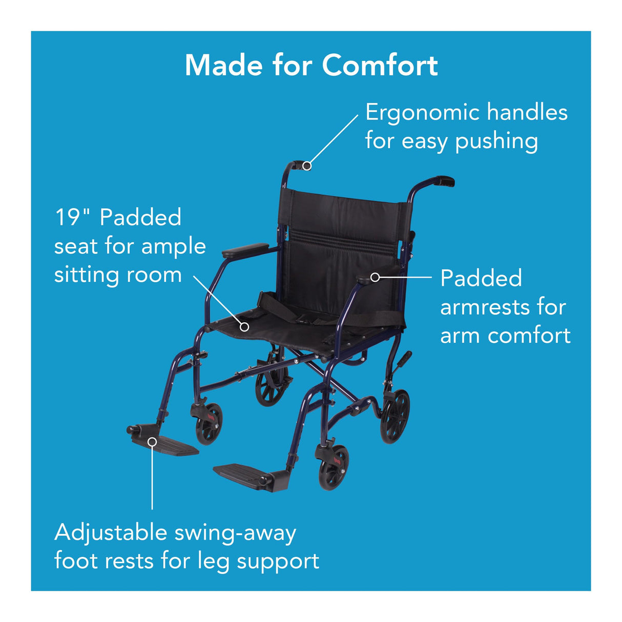 Carex Transport Wheelchair With 19 inch Seat, Folding Transport Chair with Foot Rests, Foldable Lightweight Wheelchair Foldable for Storage and Travel