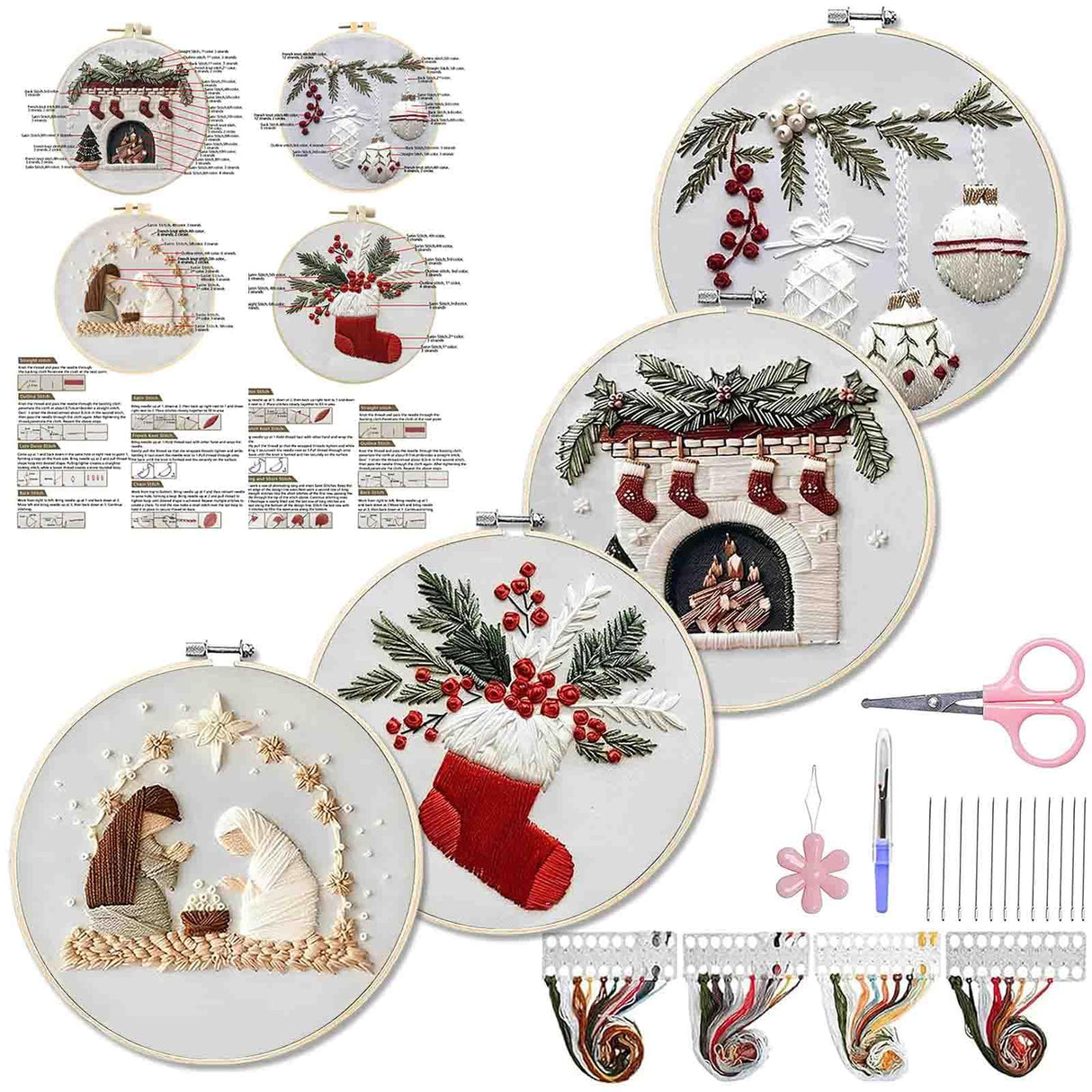 WKALXJ 4 Sets Christmas Embroidery Kits for Adults, Embroidery Kit for Beginners, Cross Stitch Kits for Beginners with Pattern, Needles, Threads, Tools (Holly+Fireplace+Stocking+Nativity Manger)